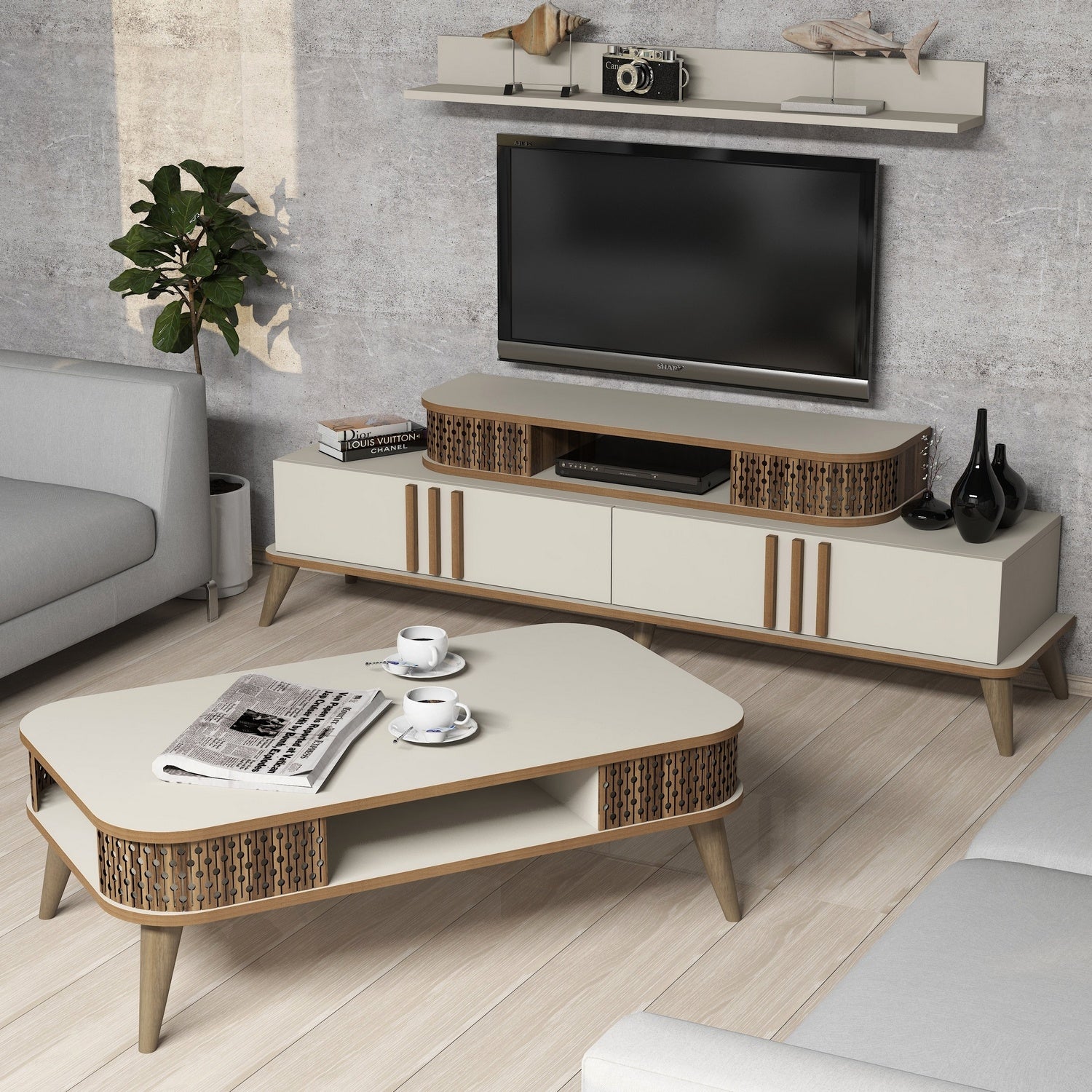 Ensemble meuble TV, table basse et étagère Chanez Chêne et Blanc crème