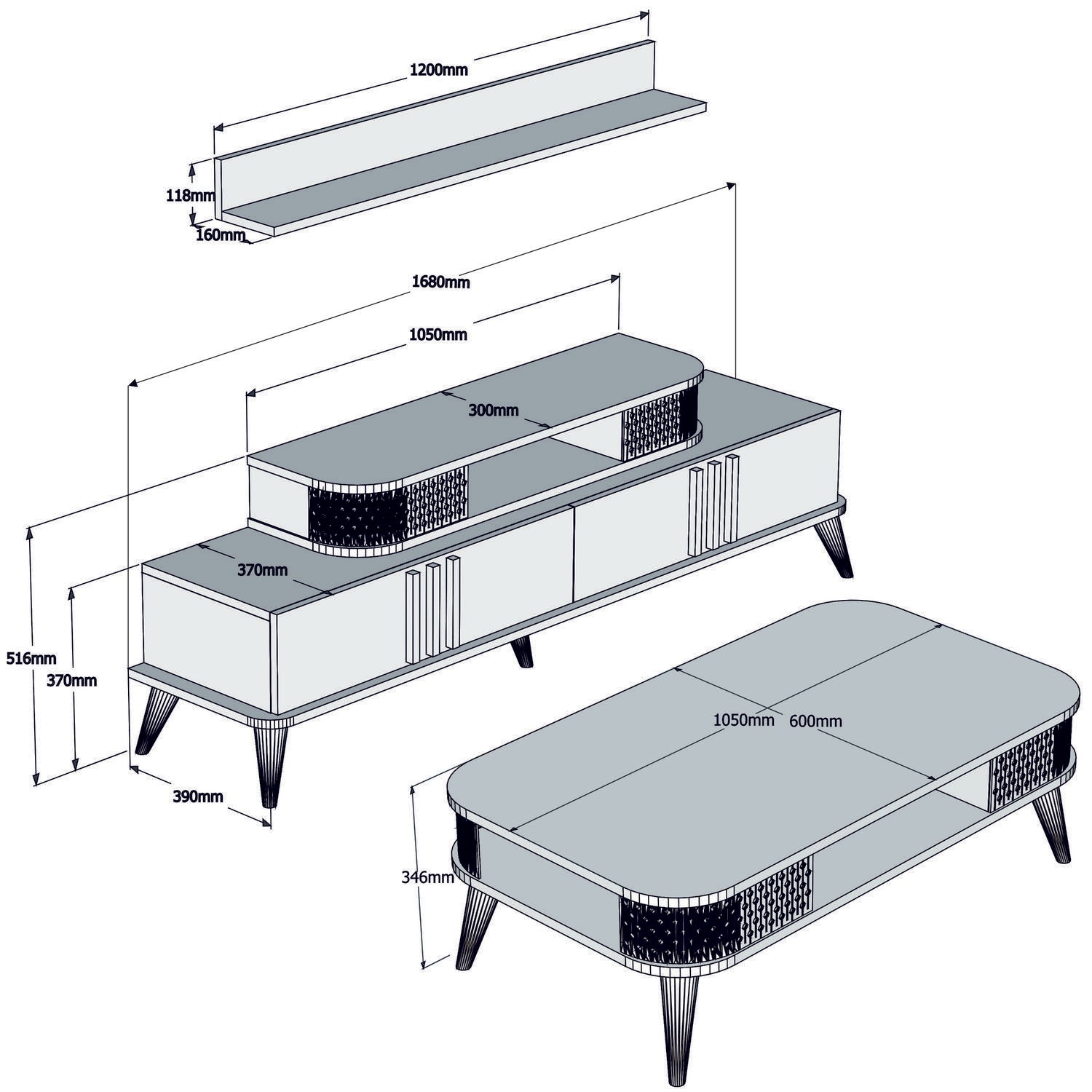 Ensemble meuble TV, table basse et étagère Chanez Chêne et Blanc crème