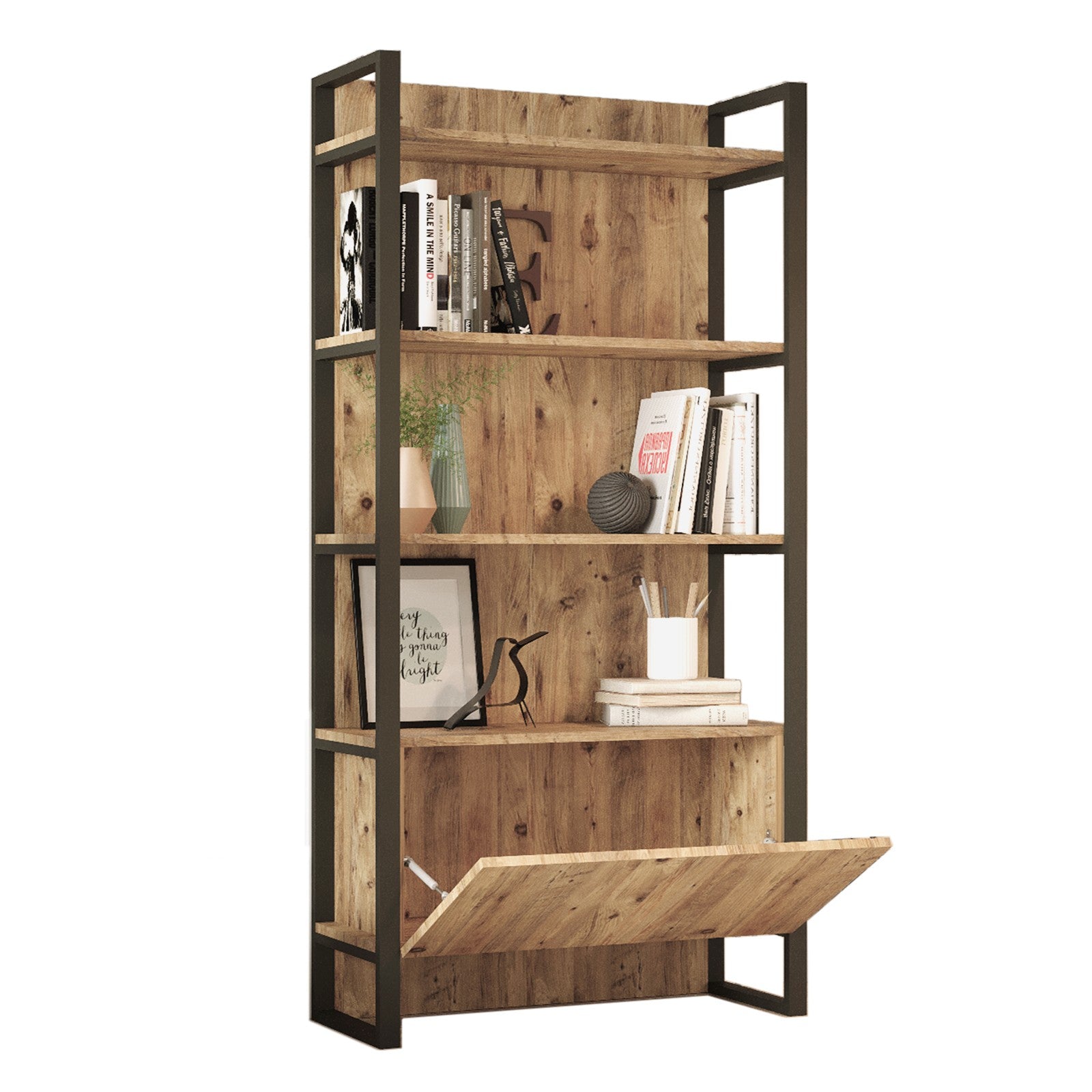 Etagère au sol Guinas H180cm Métal Noir et Bois Naturel