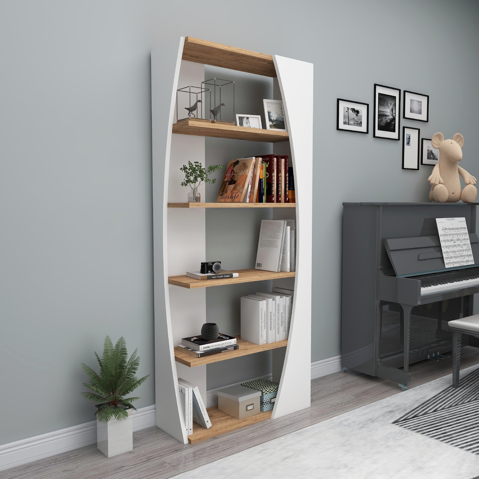 Étagère bibliothèque design Sheik L63,6cm Blanc et Bois clair