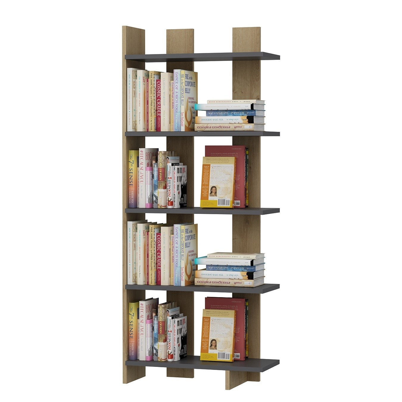 Étagère bibliothèque Galanda L65xH150cm Bois clair et Anthracite