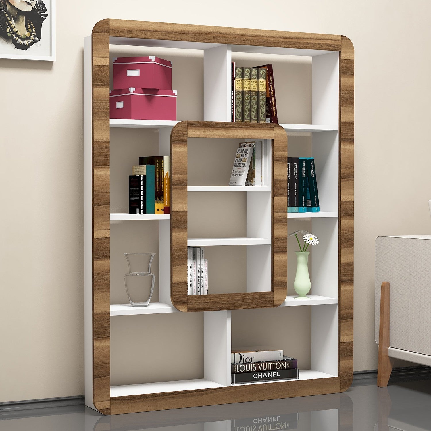 Étagère bibliothèque Infula liseré 140cm Bois Blanc et Noyer