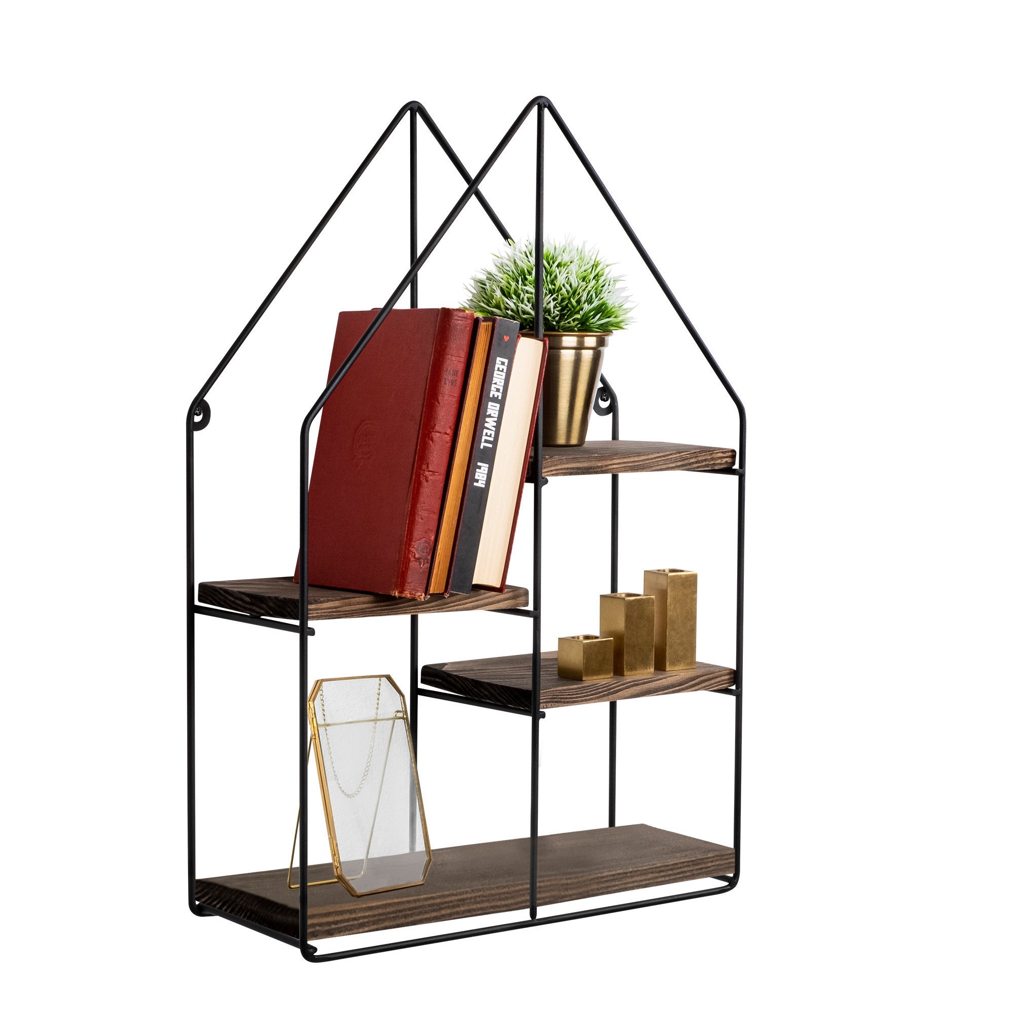 Étagère murale Lawson L40xH60cm Bois massif foncé et Métal Noir