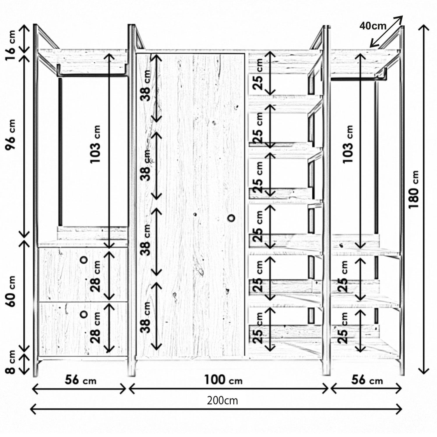 Garde-robe style industriel Mirri L200cm Métal Noir et Bois Chêne clair