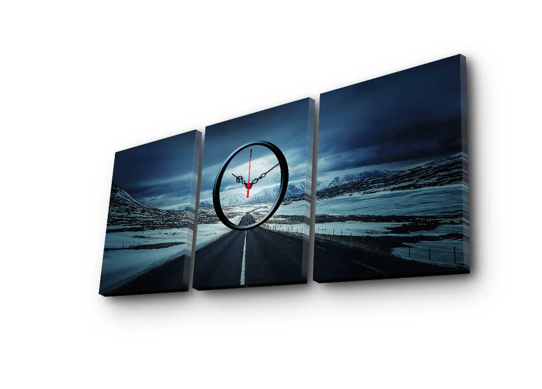 Horloge murale triptyque Eccentrici Motif Route de campagne en hiver