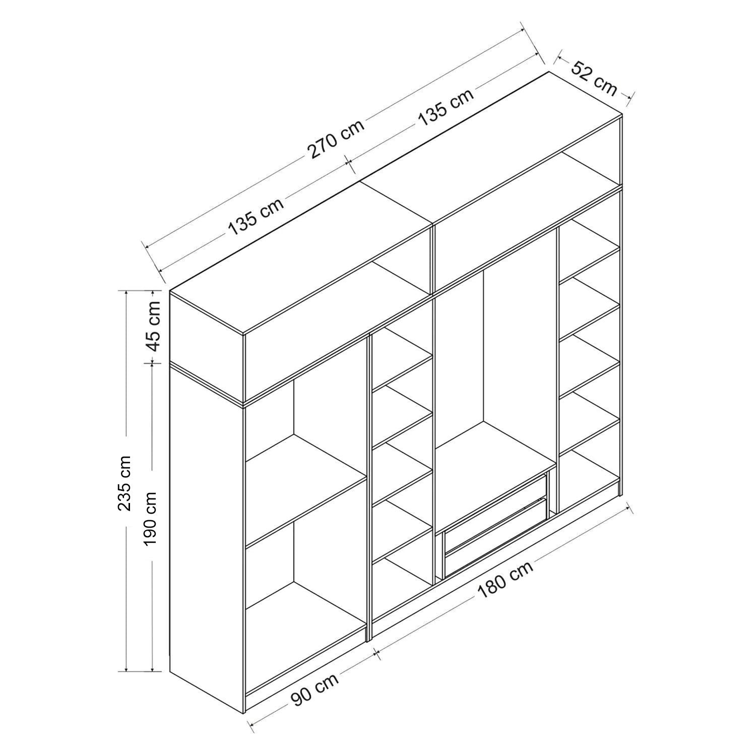 Armoire haute 6 portes battantes et 2 portes basculantes modèle 2 Kuta L270xH190cm Bois Blanc