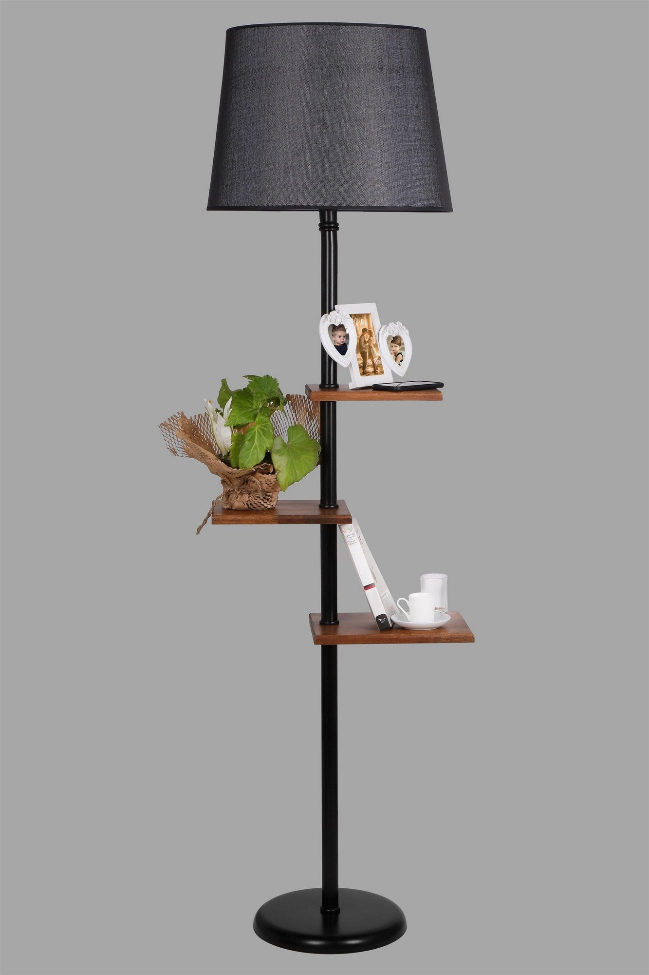 Lampadaire 3 étagères Astu H170cm Métal Noir, Bois foncé et Tissu Noir Brillant