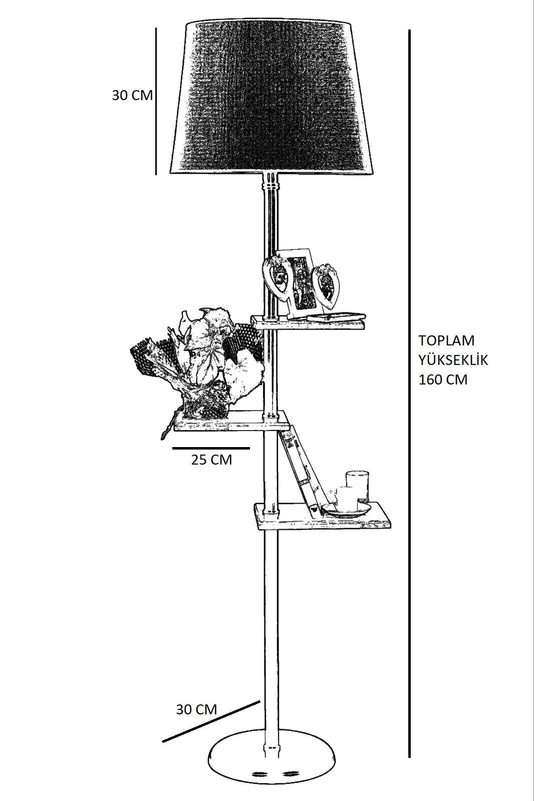 Lampadaire 3 étagères Astu H170cm Métal Noir, Bois foncé et Tissu Noir Brillant