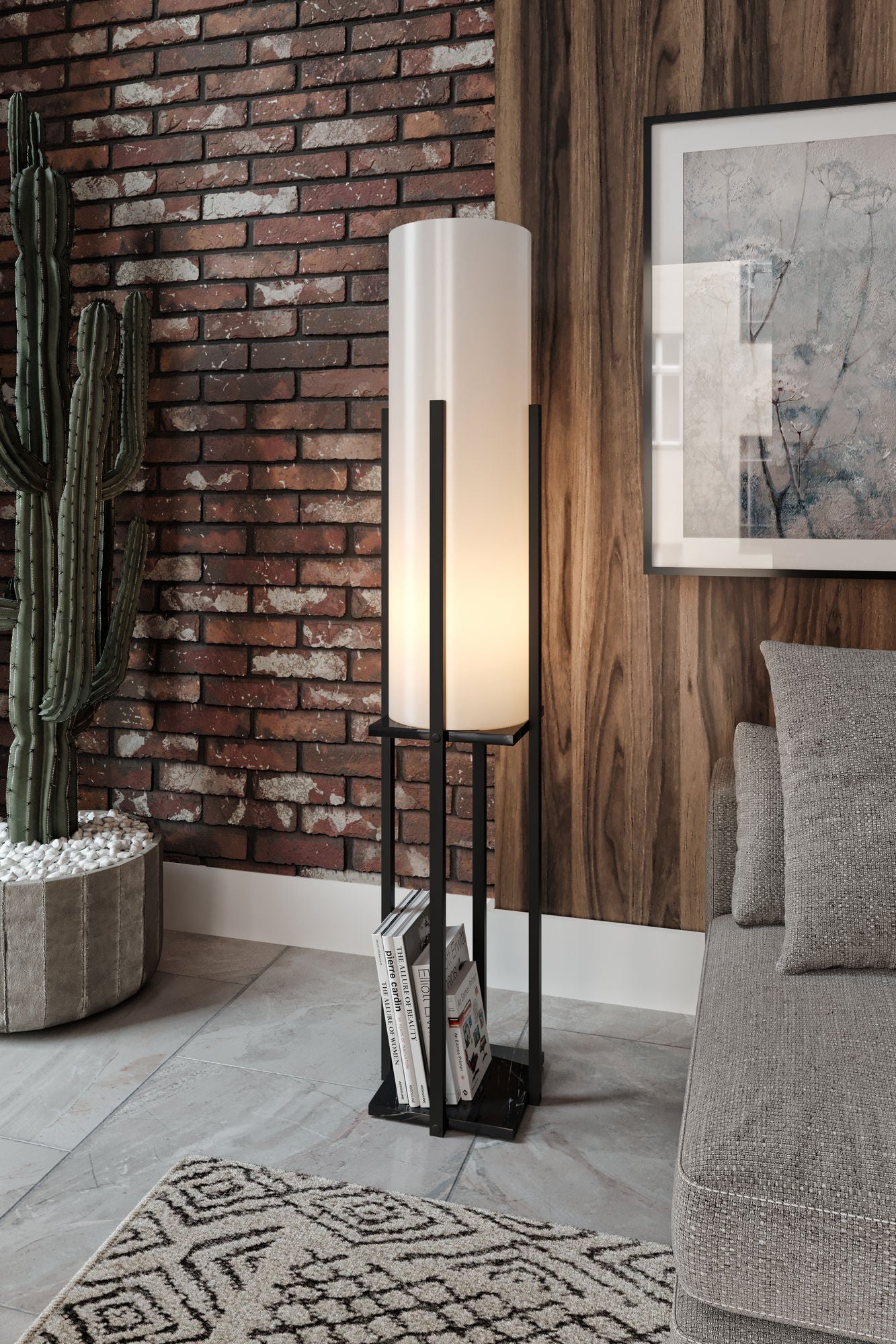 Lampadaire combiné 3 étagères Ulkody 135cm Bois Noir effet marbre et Tissu Blanc