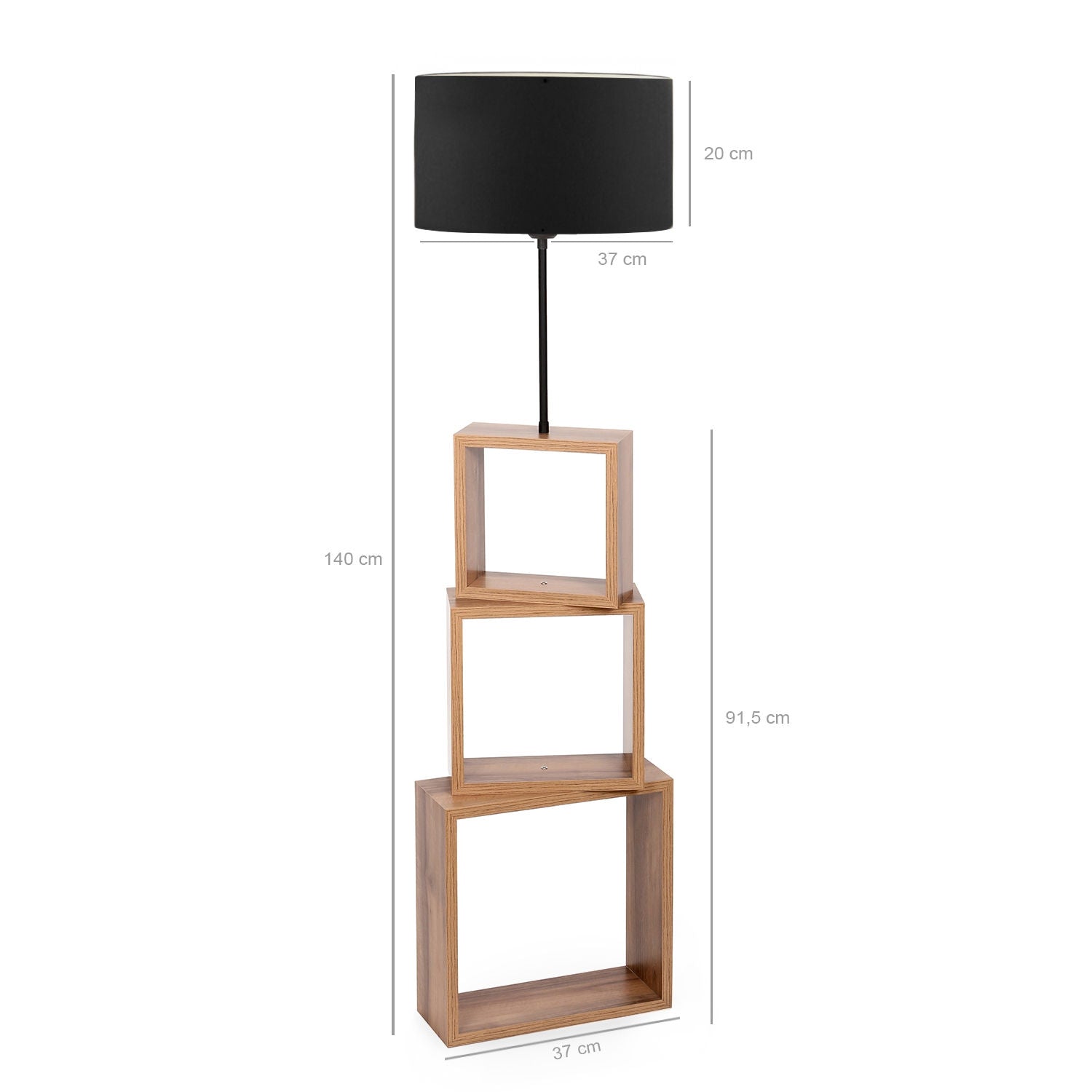 Lampadaire combiné 3 étagères Venes 140cm Bois Naturel et Tissu Noir