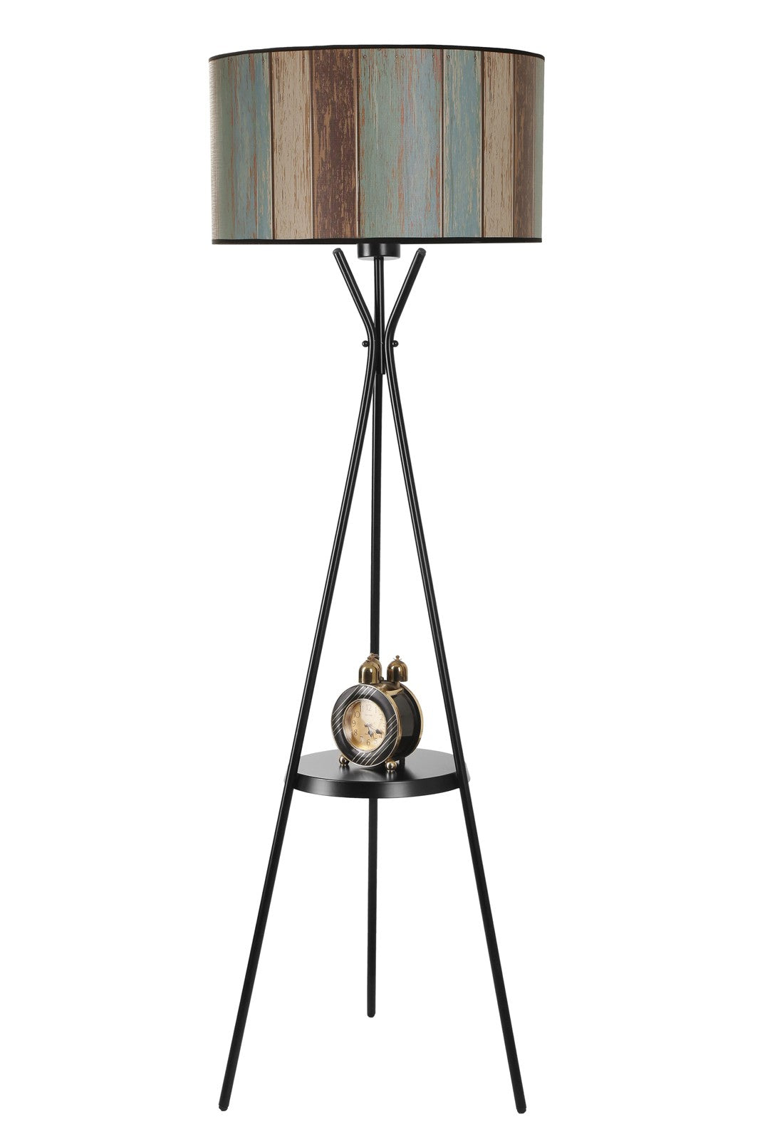 Lampadaire de chevet trépied tablette ronde abat-jour cylindre effet lambris Treis H158 cm Métal Tissu Noir Multicolore 