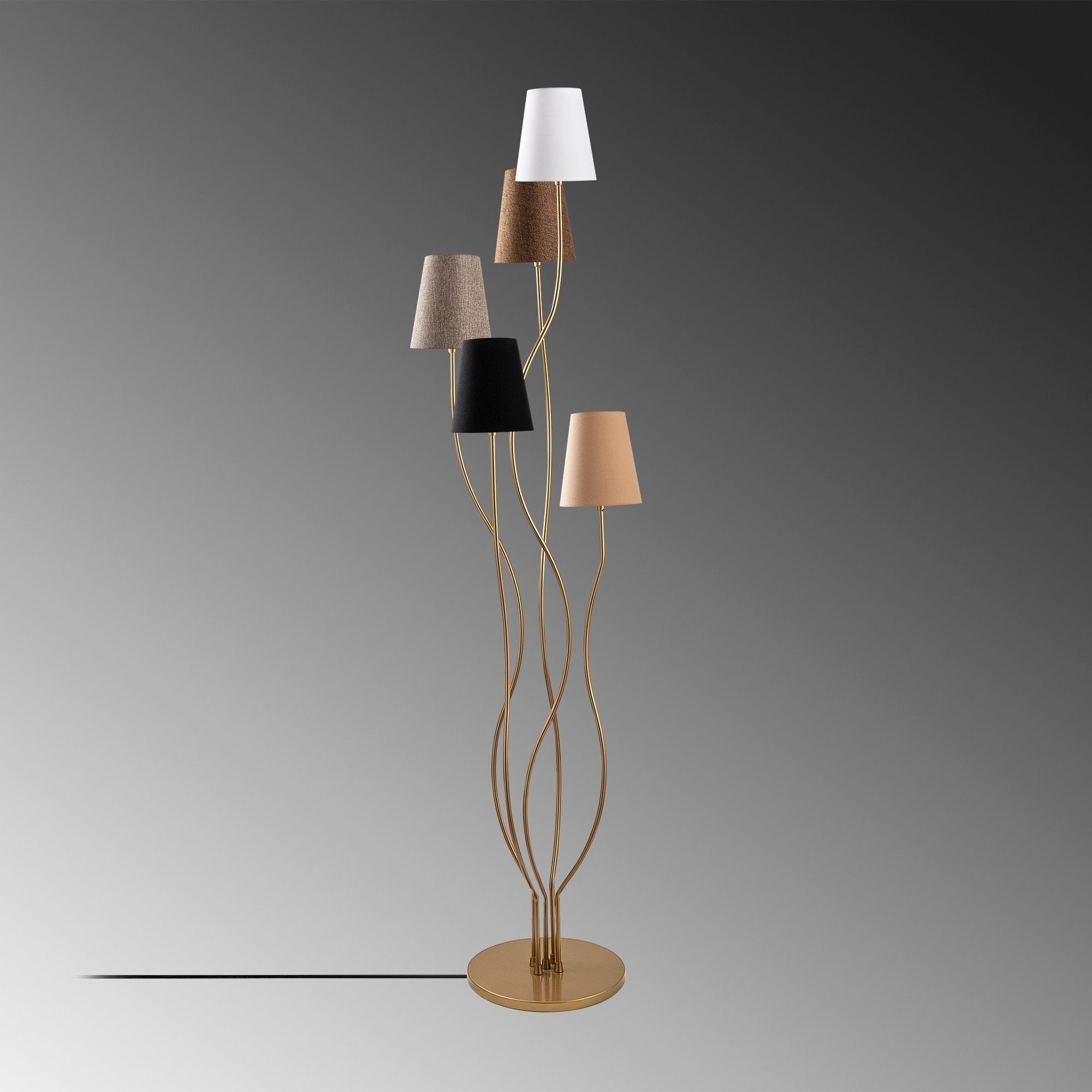 Lampadaire design 5 lampes Roselin H160cm Métal Or et Tissu Blanc, Marron, Beige, Gris et Noir