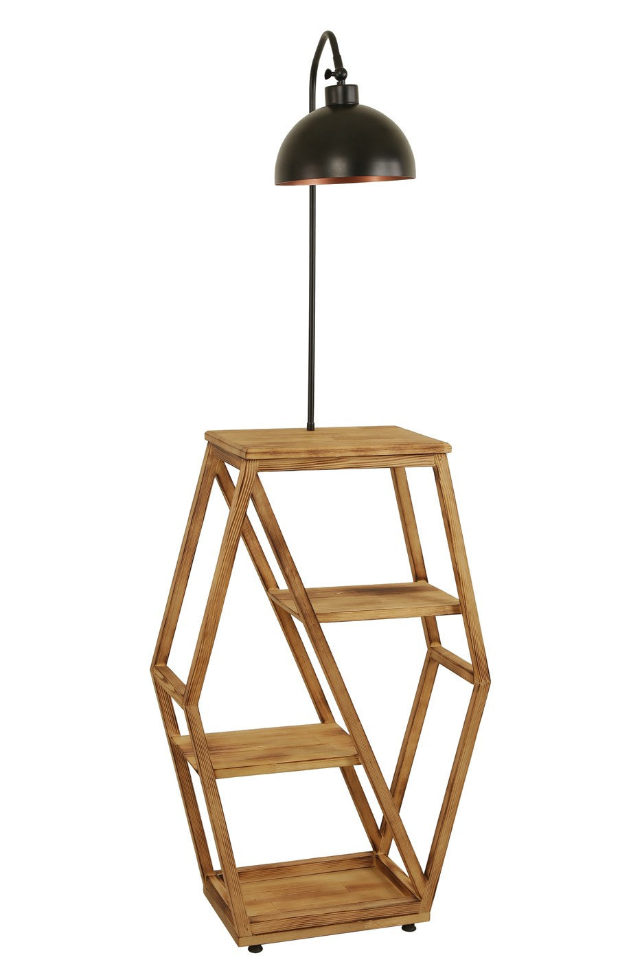 Lampadaire étagère Wielens H165cm Bois clair, Métal Noir et Bronze