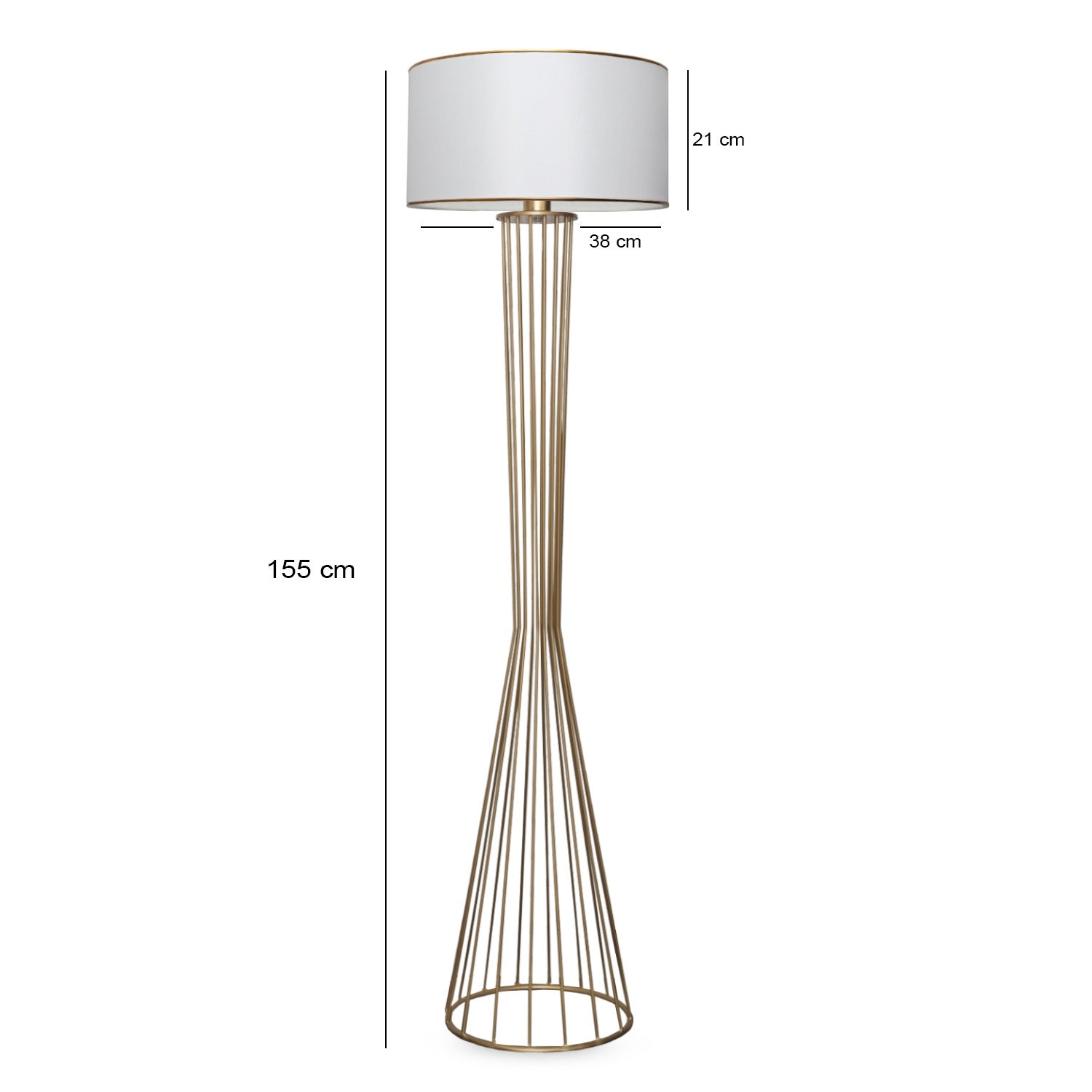 Lampadaire filaire sablier Tisha 155cm Métal Or et Tissu Blanc