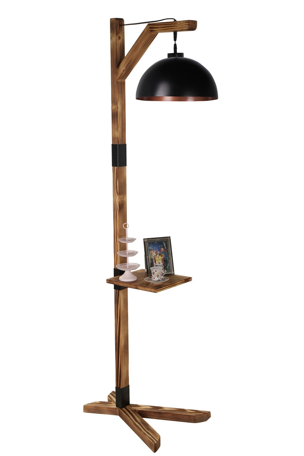 Lampadaire / table d'appointe style industriel Morille H185cm Métal Noir et Bois massif foncé