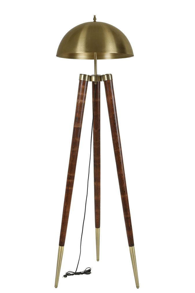 Lampadaire trépied Lactaire H165cm Bois de charme foncé et Métal Or