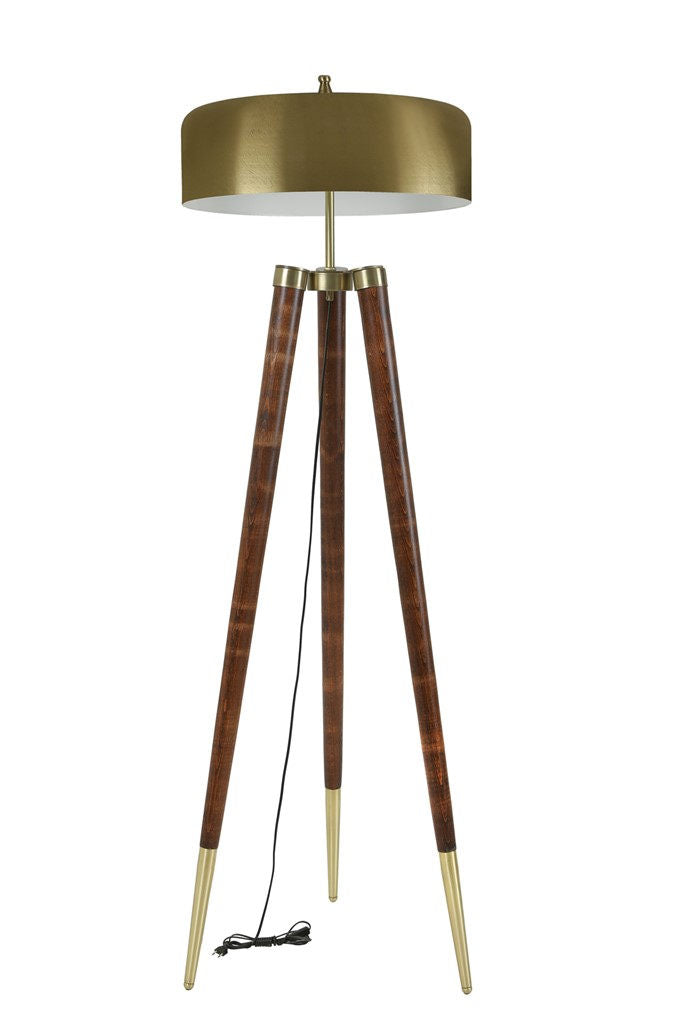 Lampadaire trépied Oronge H165cm Bois foncé et Métal Or