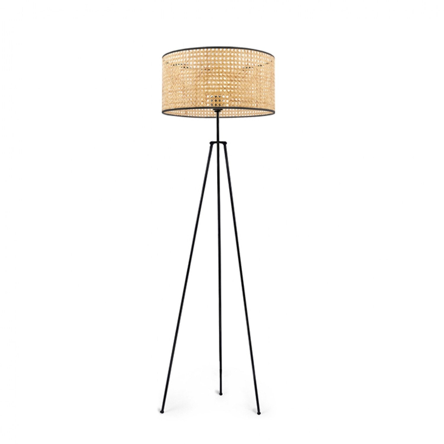 Lampadaire trépied style boho Lacock H150cm Métal Noir et Rotin Beige