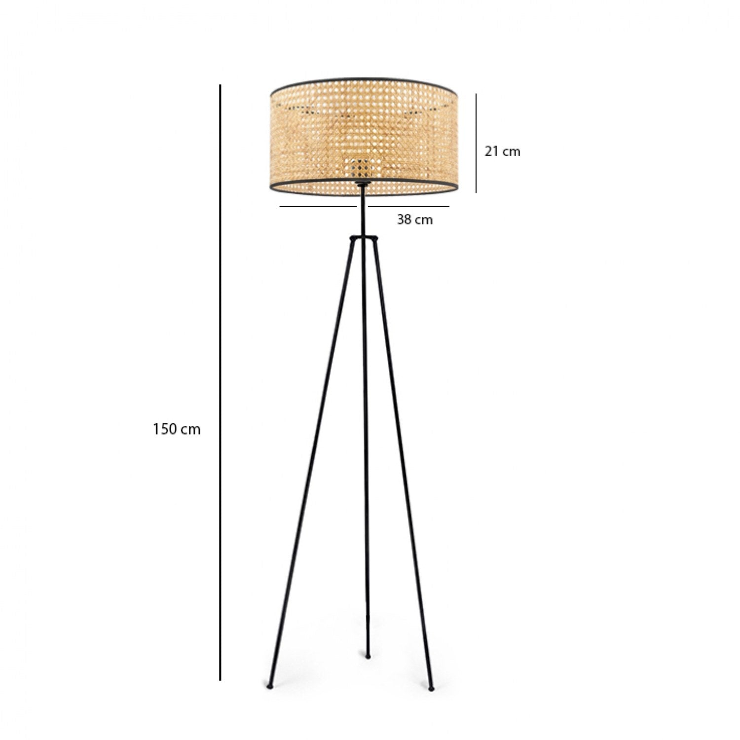 Lampadaire trépied style boho Lacock H150cm Métal Noir et Rotin Beige