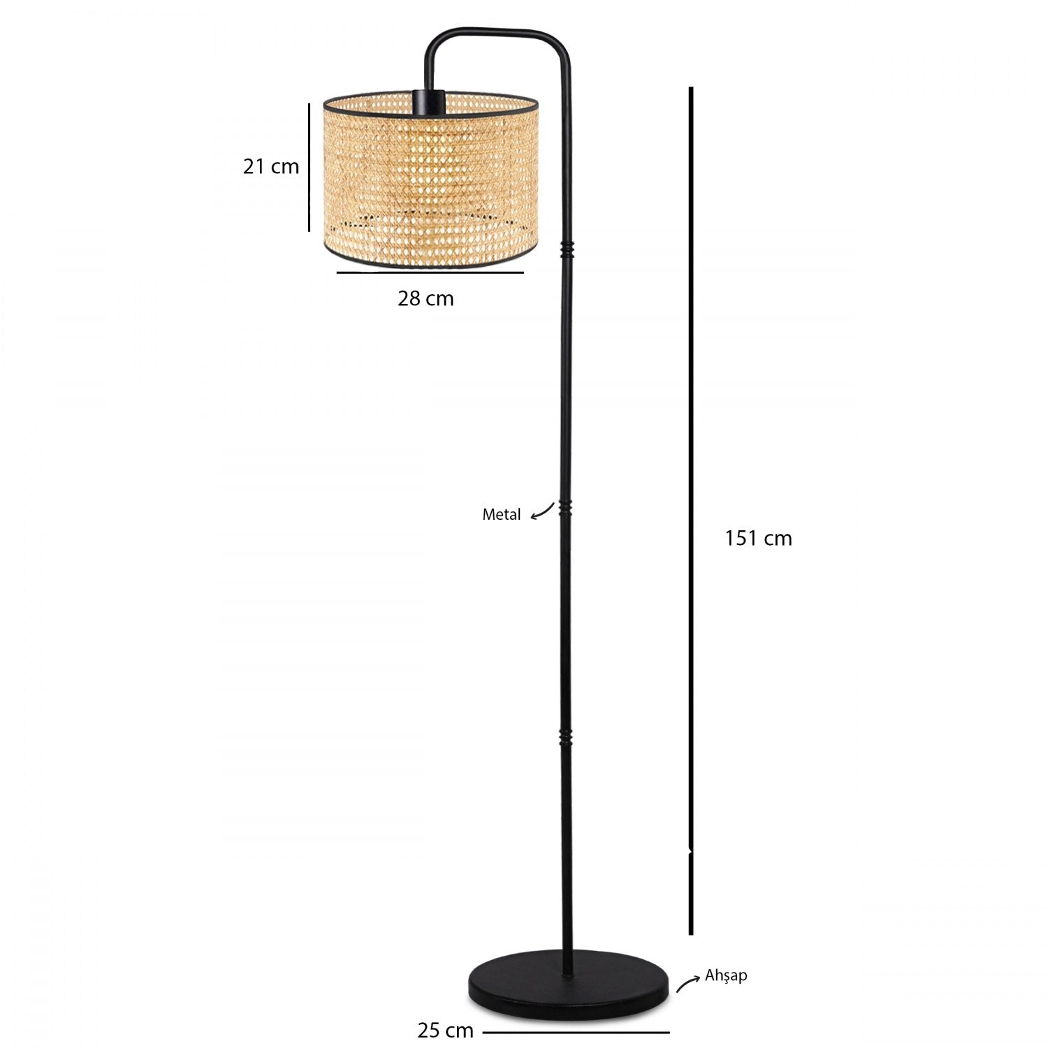 Lampadaire Veronica H151cm Métal Noir et Rotin Beige