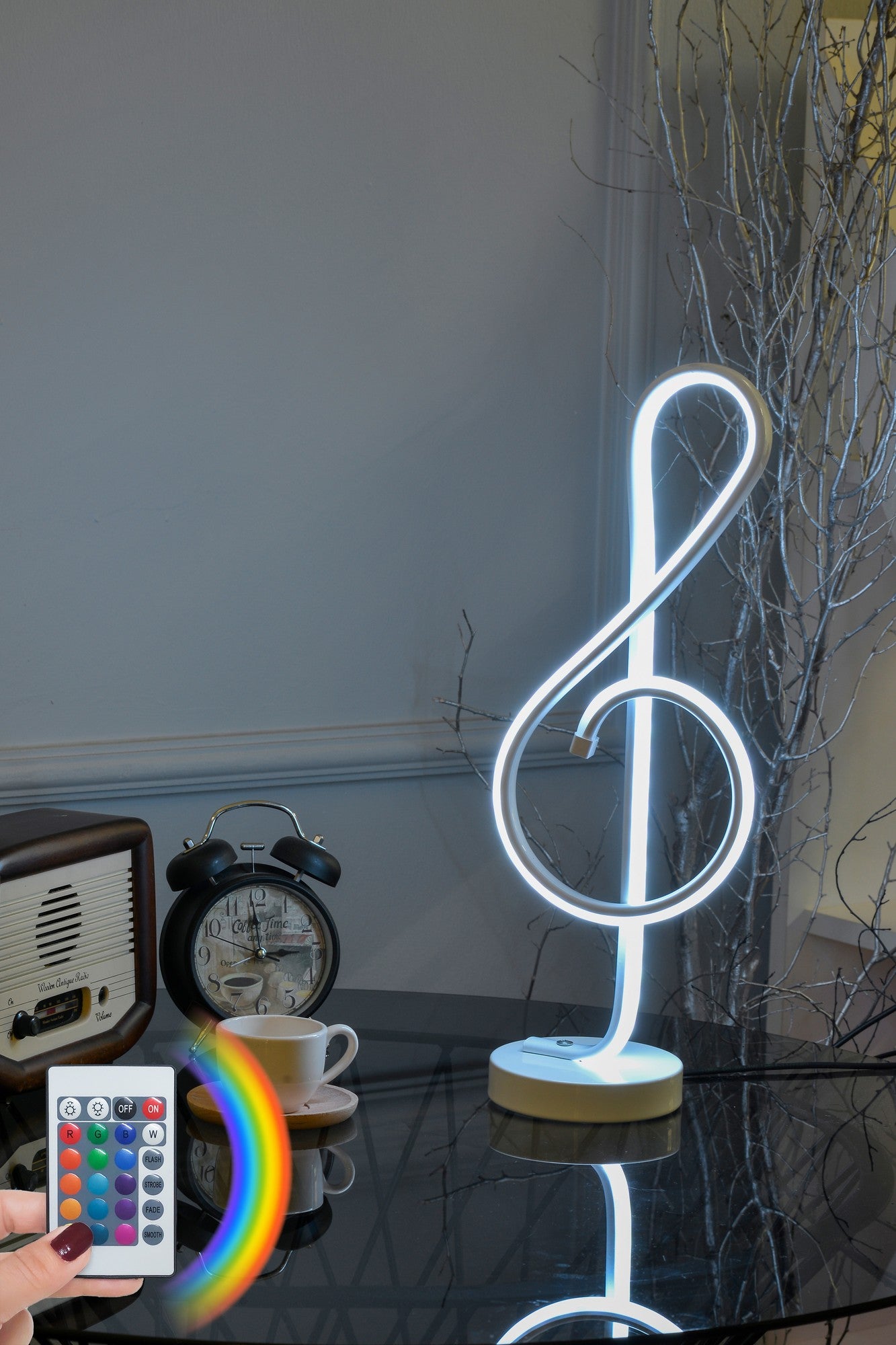 Lampe à poser design clé de sol Ludwig H47cm Métal Blanc et LED Multicolore