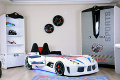 Lit voiture de course interactif pour enfant Currus Bois Blanc et LED Bleu et Blanc