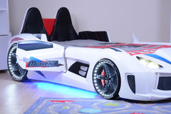 Lit voiture de course interactif pour enfant Currus Bois Blanc et LED Bleu et Blanc