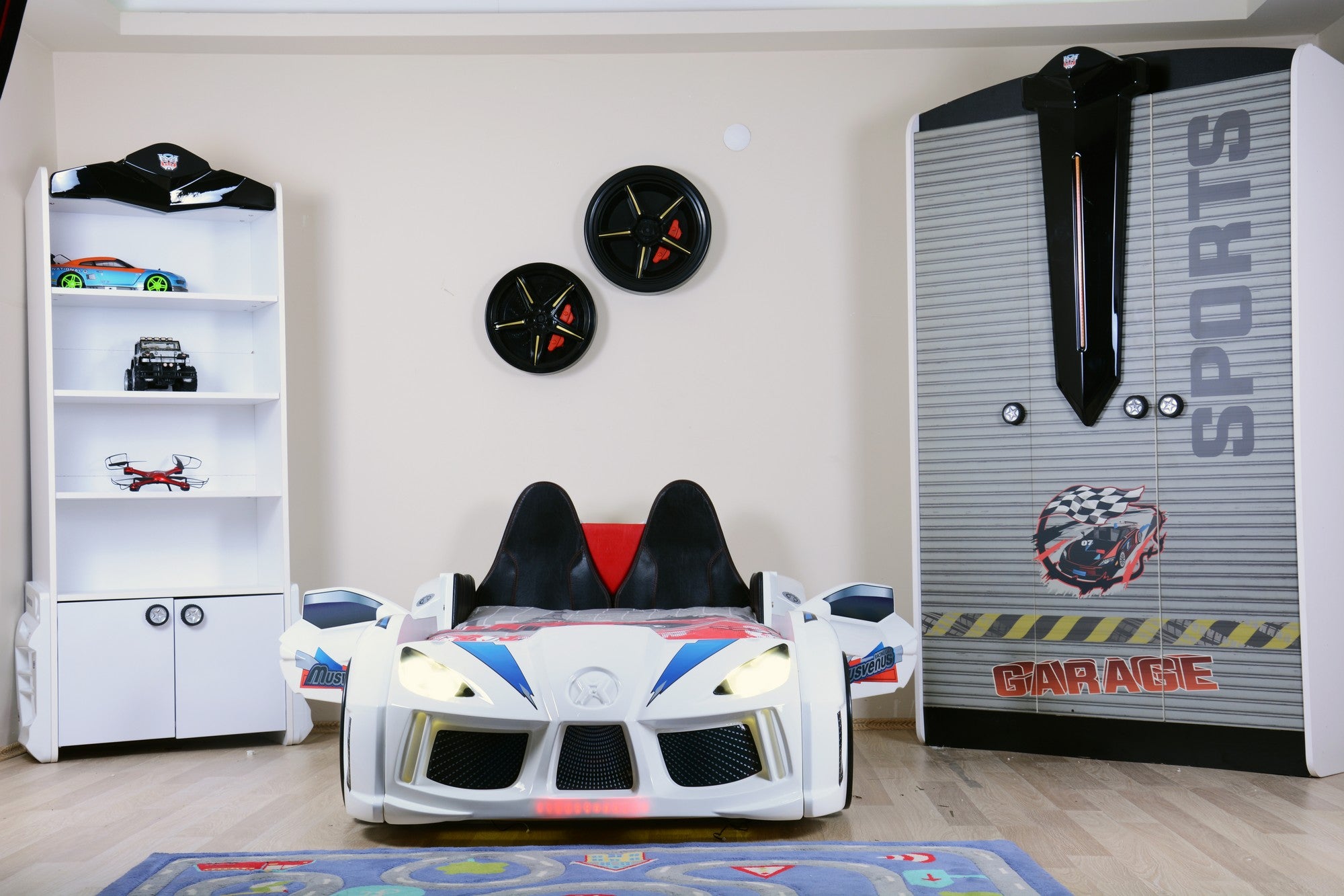 Lit voiture de course interactif pour enfant Currus Bois Blanc et LED Bleu et Blanc