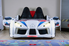 Lit voiture de course interactif pour enfant Currus Bois Blanc et LED Bleu et Blanc