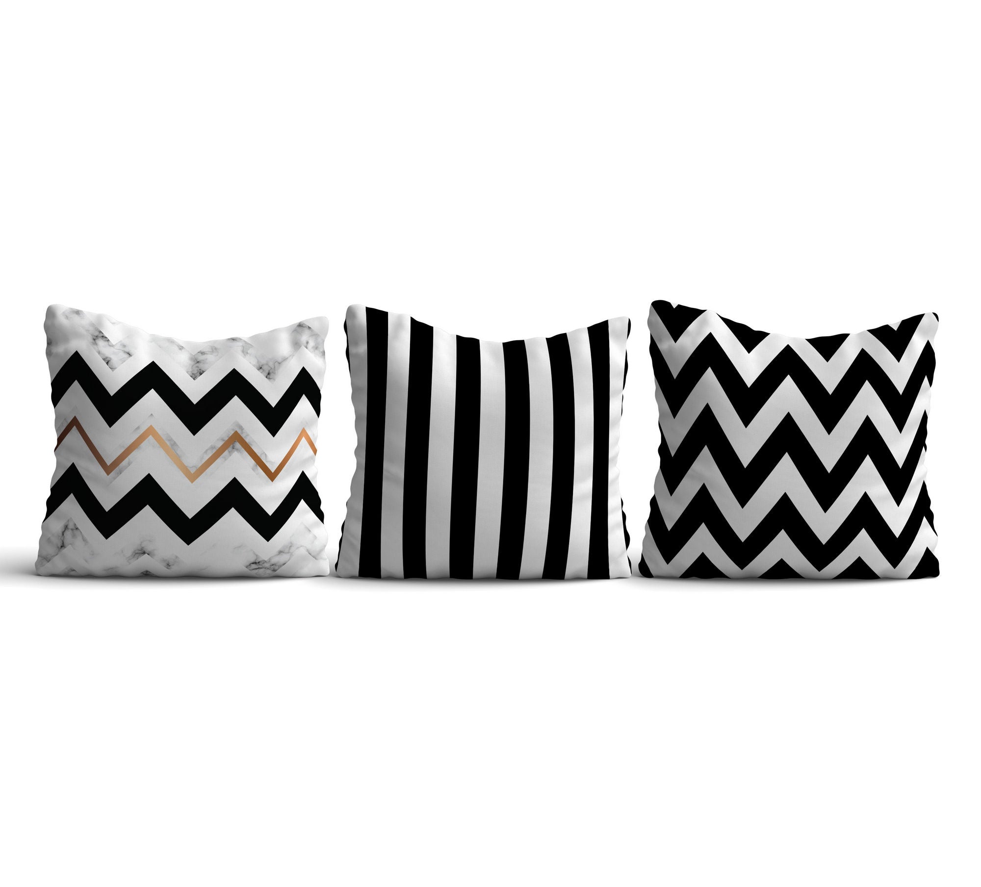 Lot de 3 coussins Ovide 43x43cm Motif Géométrique Noir, Blanc et Or