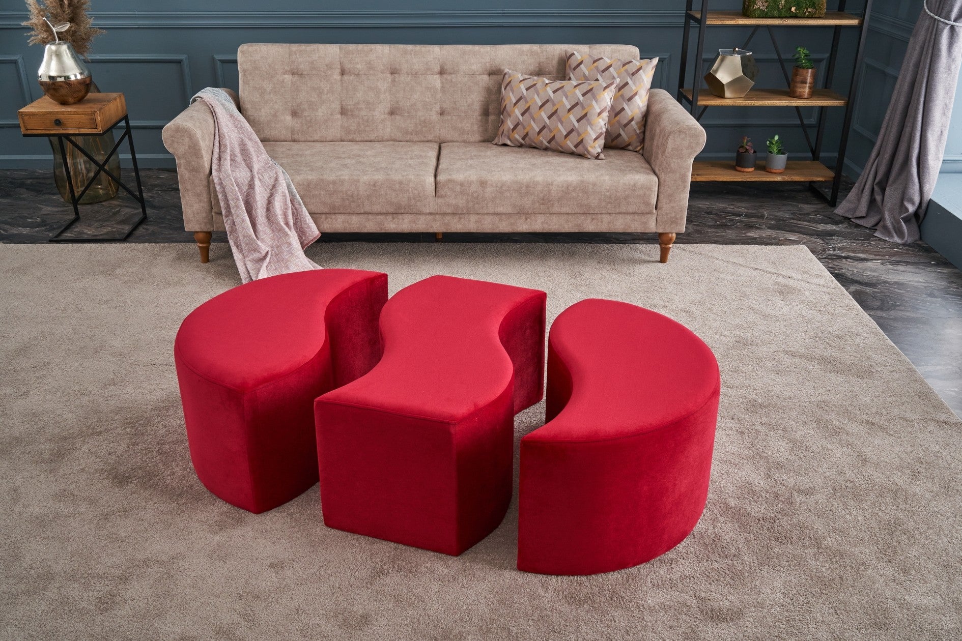 Lot de 3 poufs puzzle Ratsel Velours Rouge