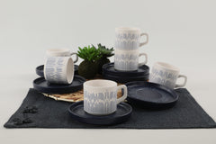 Lot de 6 tasses de café avec sous-tasses Alzan Céramique Motif Rayures Bleu foncé et Blanc