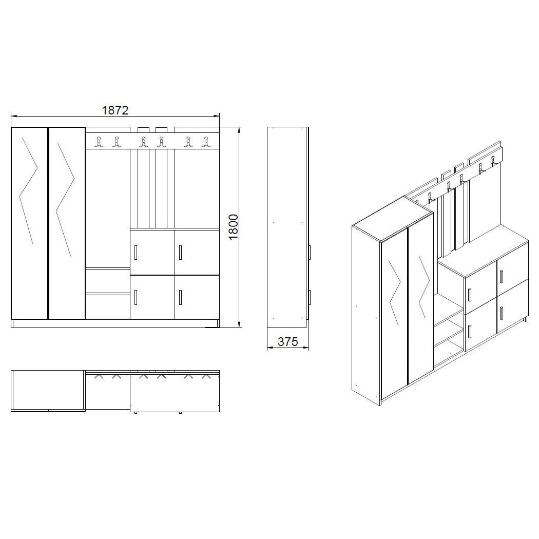 Meuble d'entré avec miroir Ascelina L187,2xH180cm Bois foncé et Anthracite