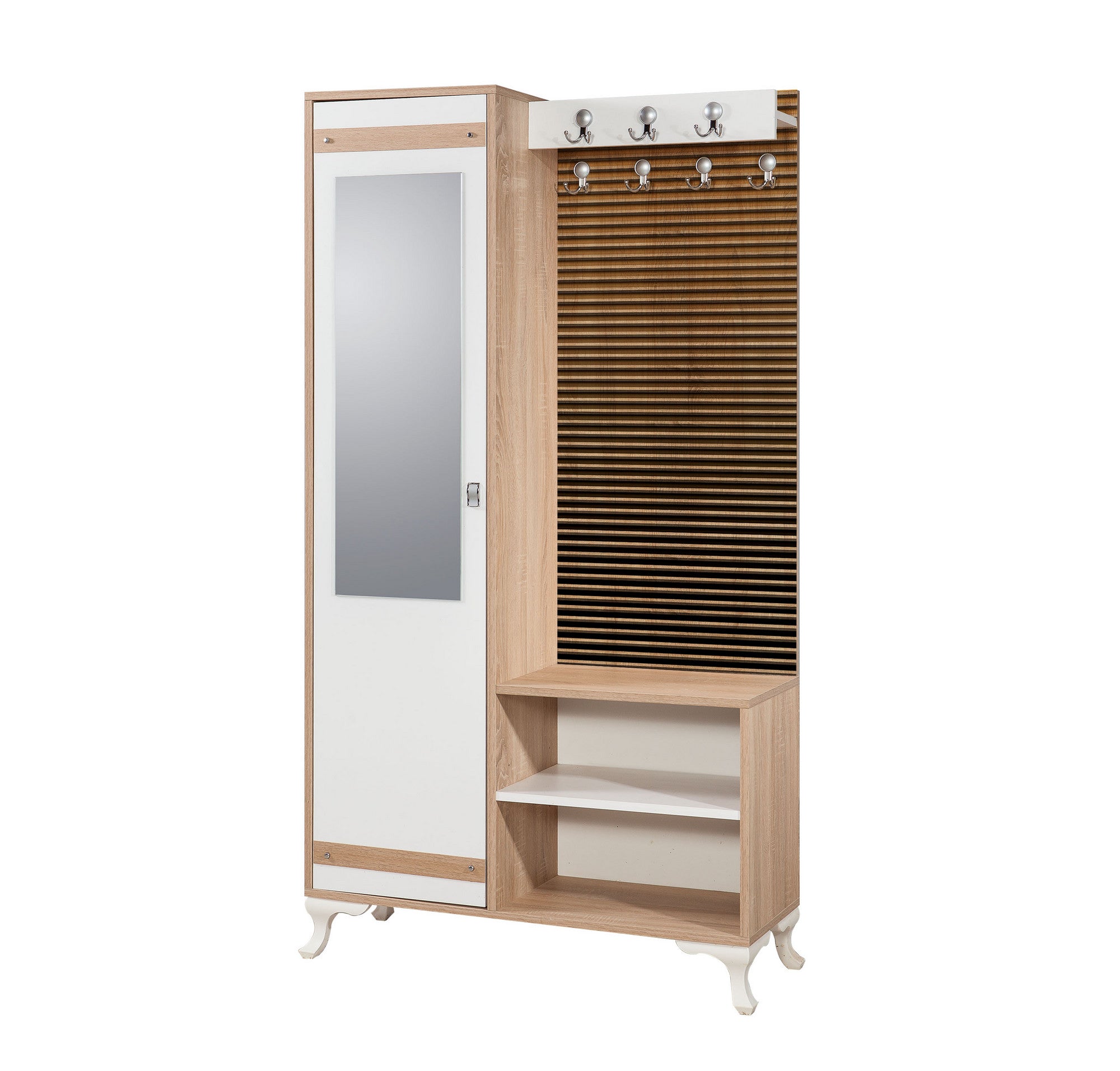 Meuble d'entré avec miroir Ayfara L100xH190cm Bois clair, Blanc et Motif rayures dégradé Jaune