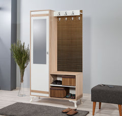 Meuble d'entré avec miroir Ayfara L100xH190cm Bois clair, Blanc et Motif rayures dégradé Jaune