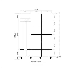 Meuble d'entrée 2 portes Repono L135xH194cm Bois Naturel et Motif Carreaux Multicolore