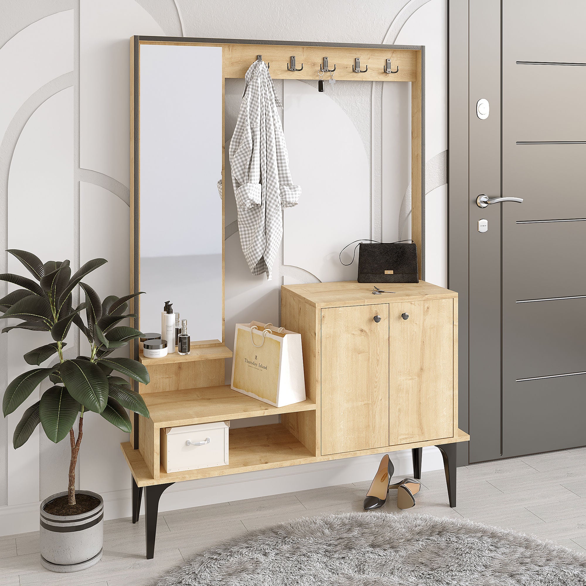 Meuble d'entrée avec miroir Shader H170cm Chêne clair