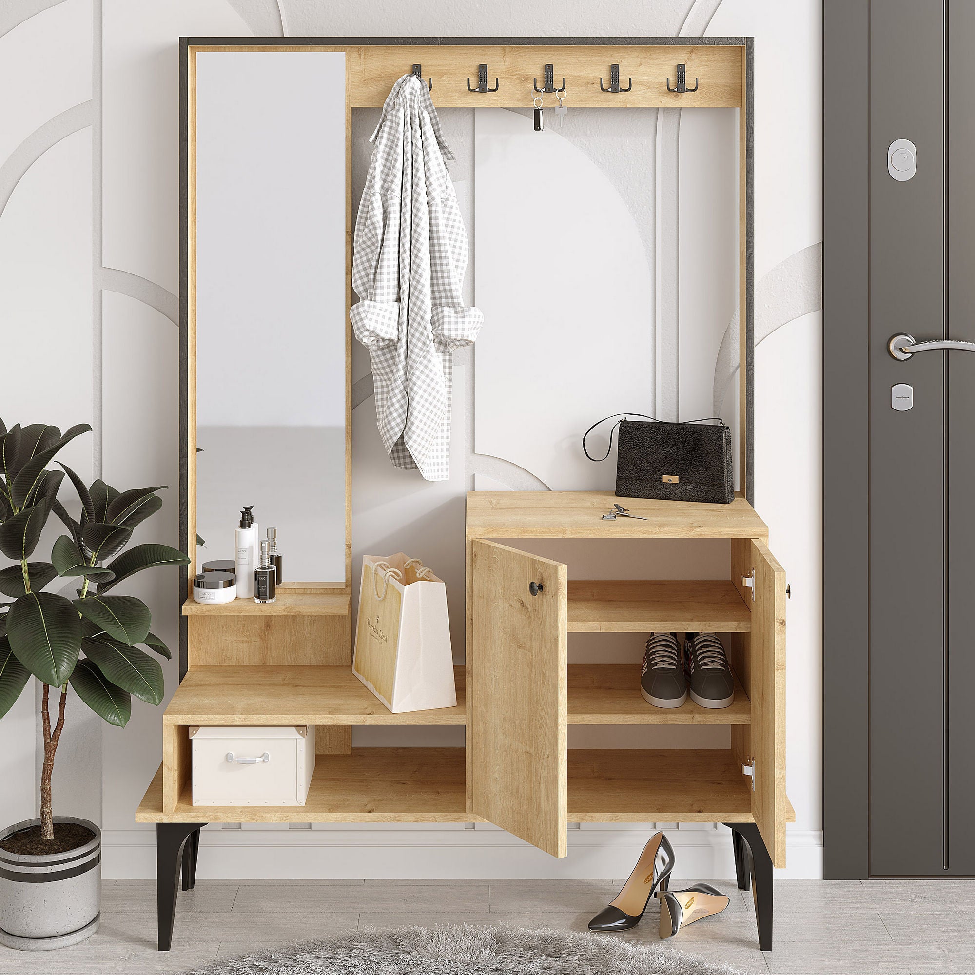 Meuble d'entrée avec miroir Shader H170cm Chêne clair