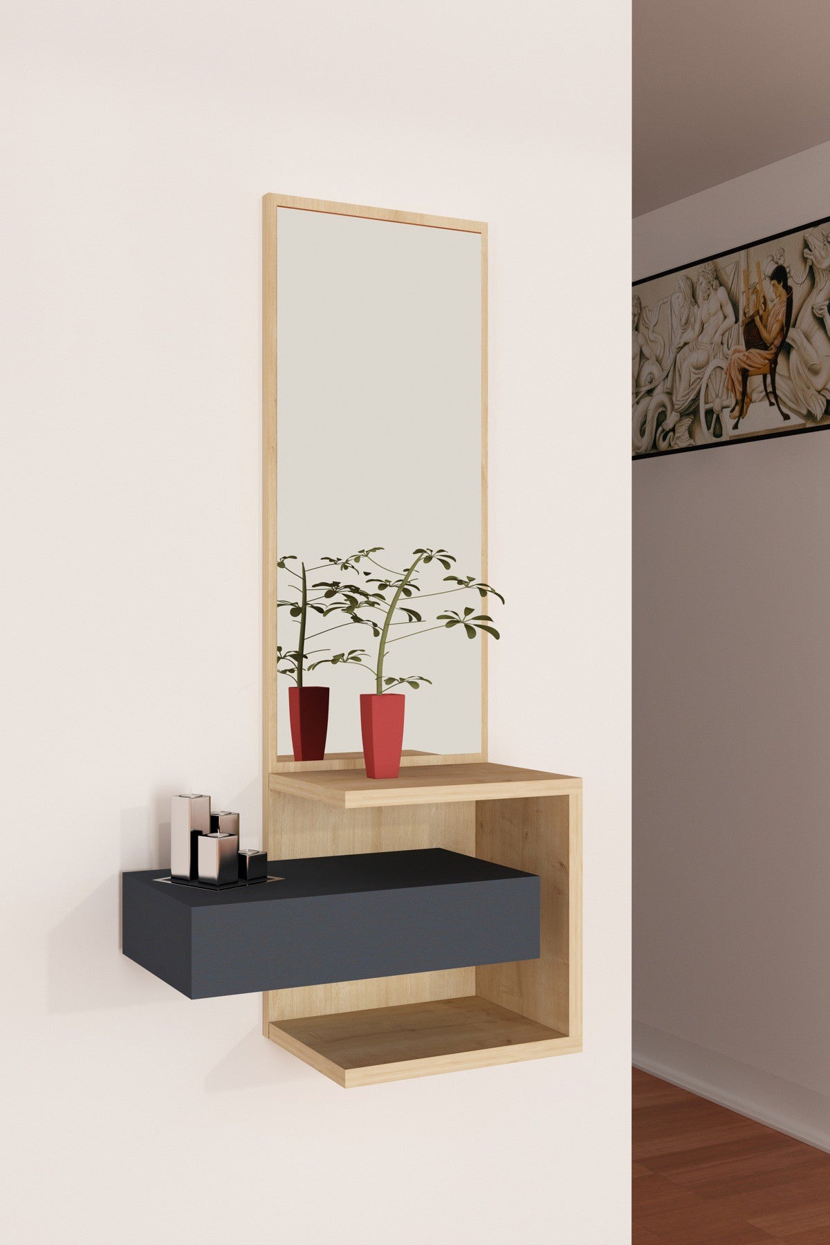 Meuble d'entrée murale avec miroir Syracuse L49,1xH90cm Bois Chêne clair et Anthracite