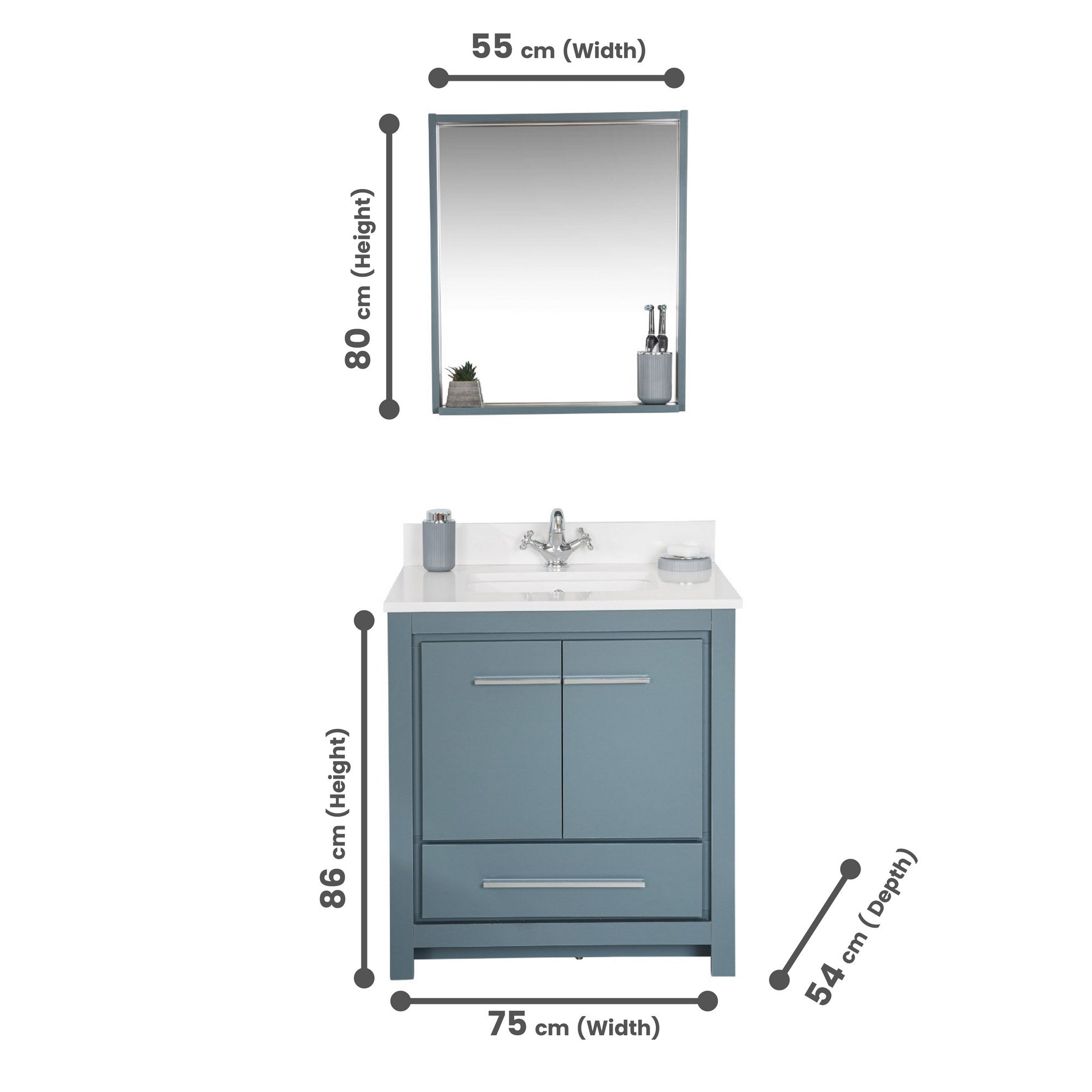 Meuble de salle de bain 75cm avec vasque et miroir L55xH80cm Ligha Bois massif Bleu