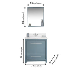 Meuble de salle de bain 75cm avec vasque et miroir L55xH80cm Ligha Bois massif Bleu