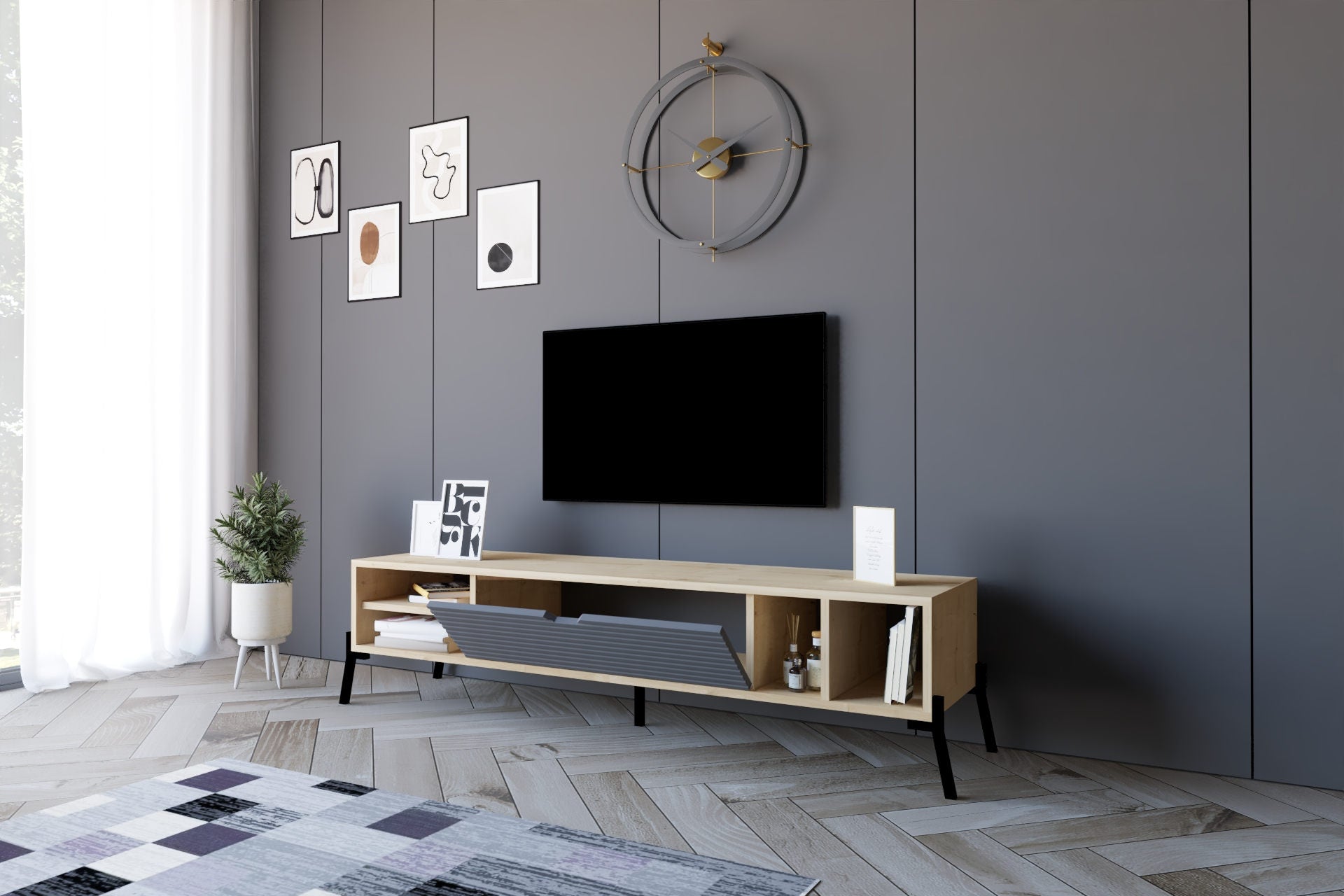 Meuble TV 1 porte et 4 compartiments Kharzu L160xH36cm Bois Chêne et Anthracite