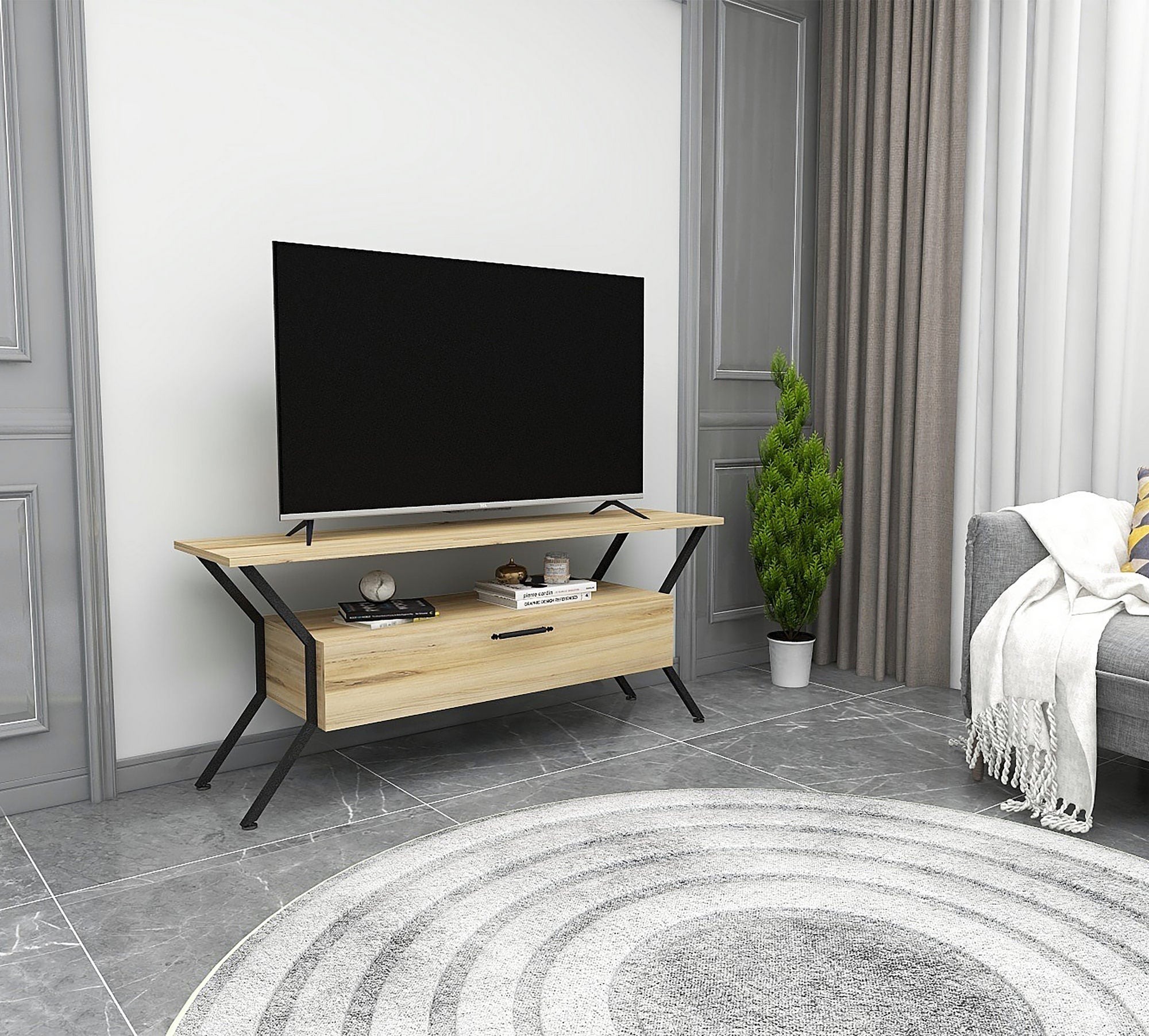 Meuble TV 1 porte Jasper 125cm Noir et Chêne clair