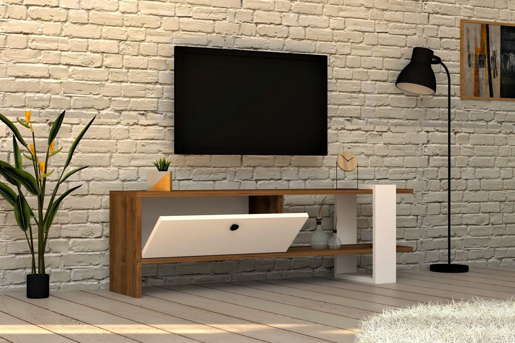 Meuble TV 1 porte kaine 120cm Bois Naturel et Blanc