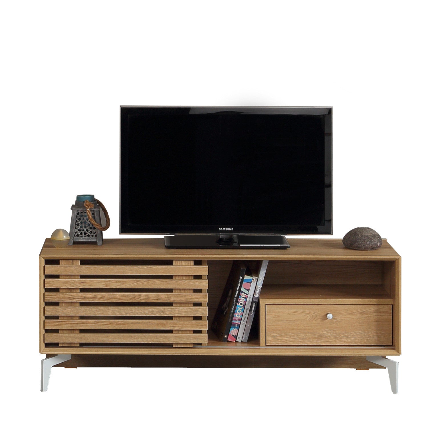 Meuble TV 1 tiroir et 1 porte coulissante Kuara 100cm Métal Blanc et Bois  Chêne clair