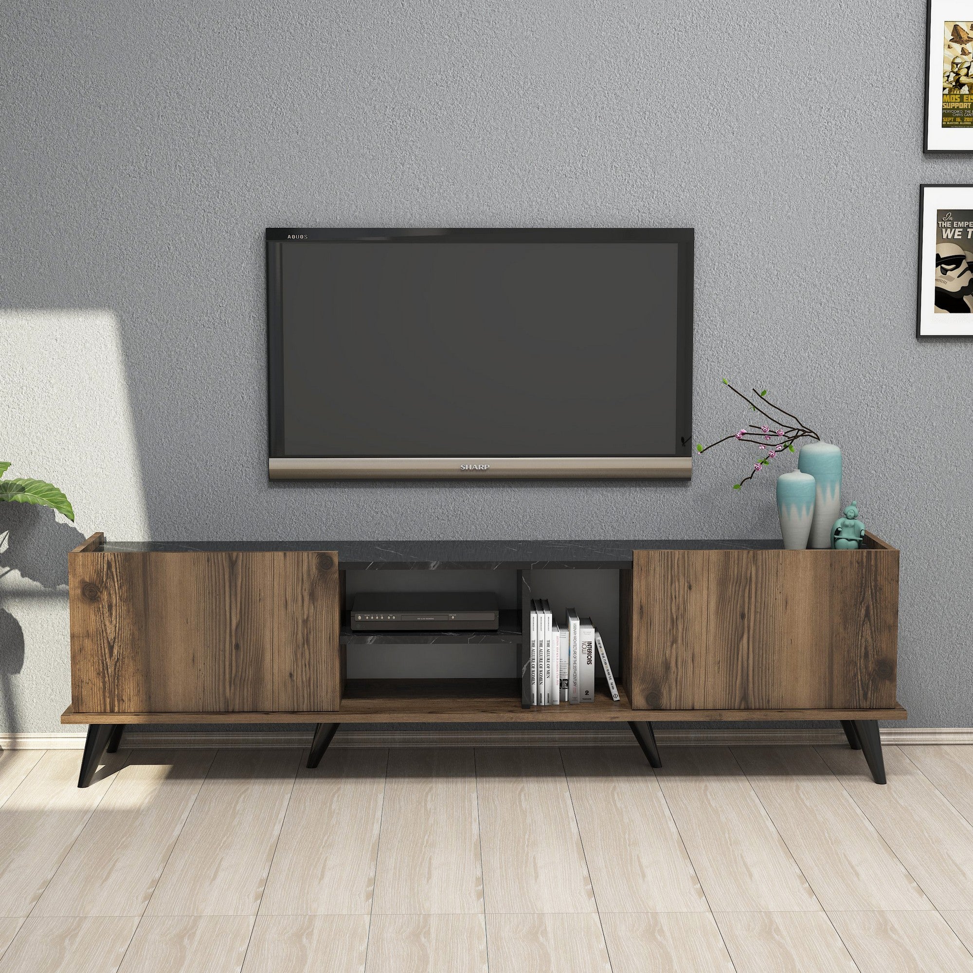 Meuble TV 2 portes et 3 compartiment Bergerat 180cm Bois et Effet marbre Noir