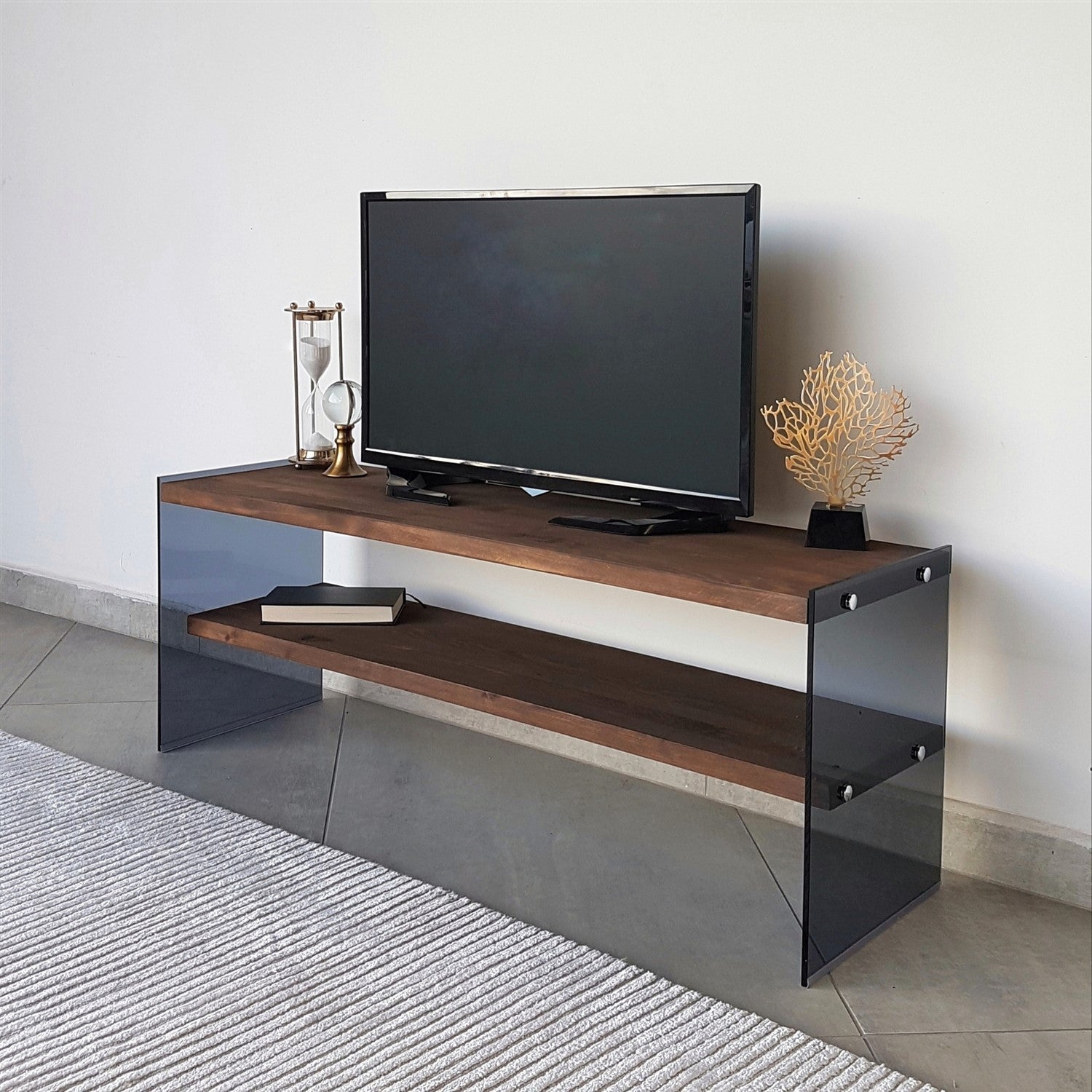 Meuble TV 2 tablettes Doris L120cm Bois massif et Verre trempé Fumé Noir