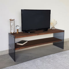 Meuble TV 2 tablettes Doris L120cm Bois massif et Verre trempé Fumé Noir