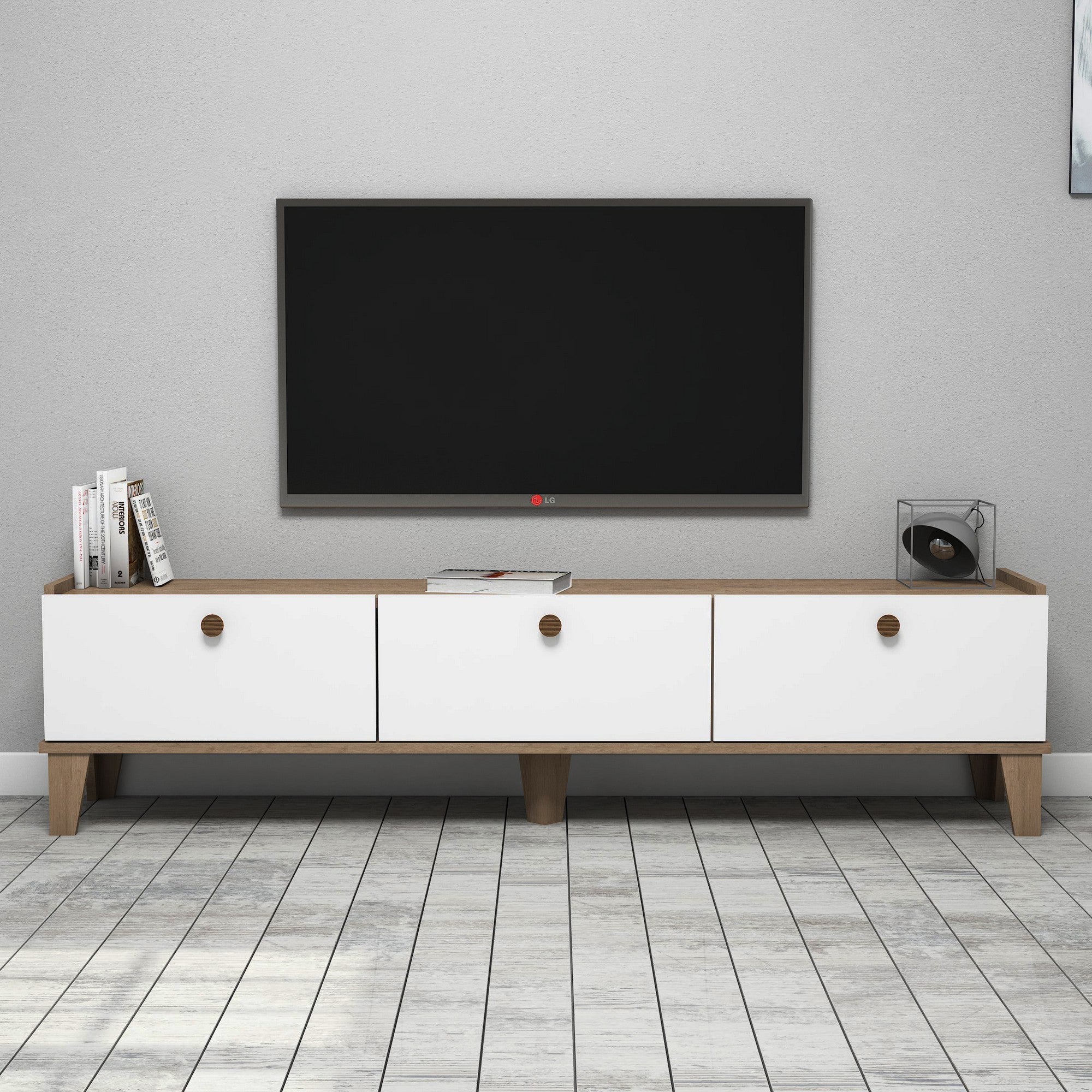 Meuble Tv 3 portes Blaz 178cm Chêne et Blanc