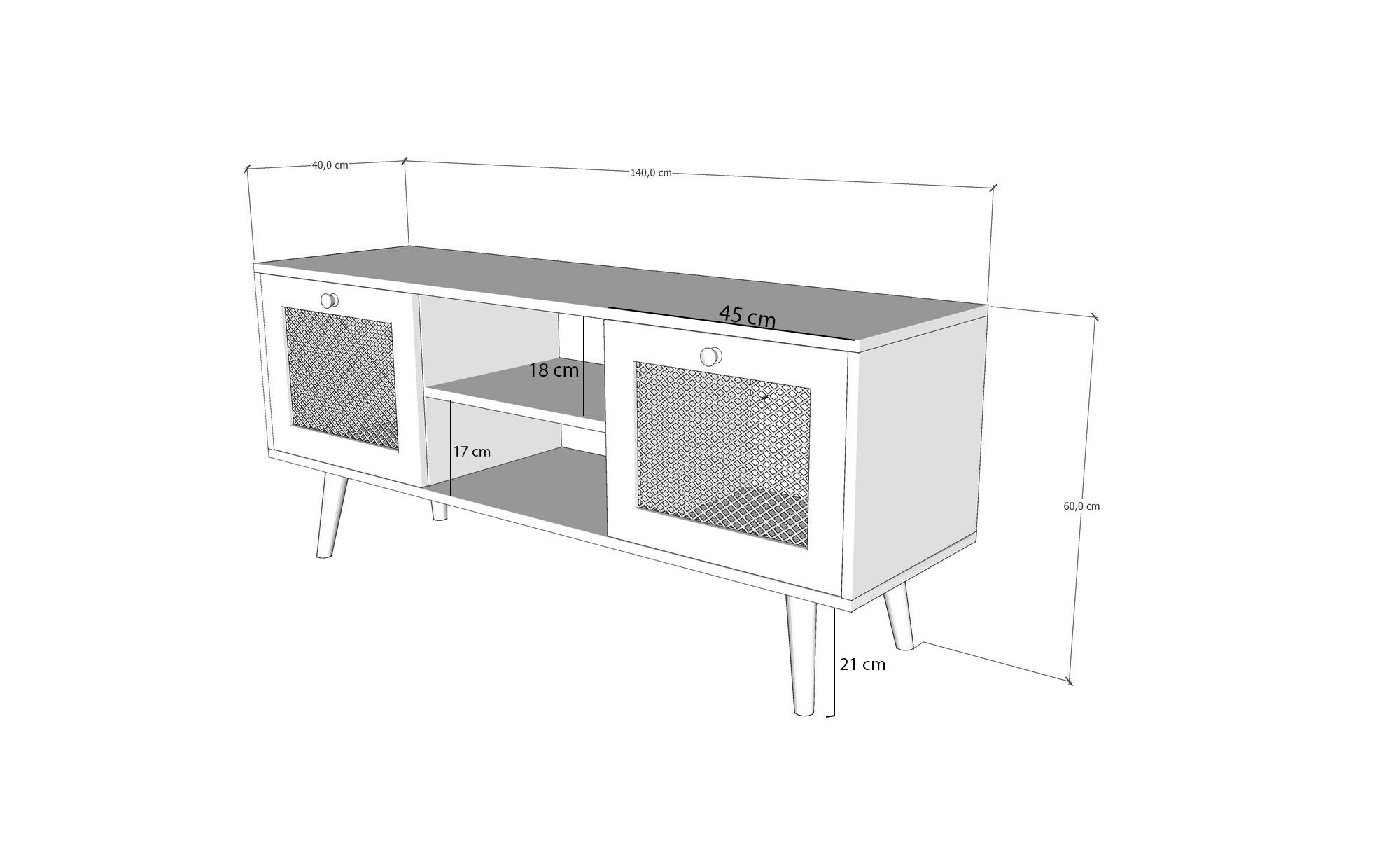 Meuble TV à cannage 2 portes 2 casiers Aréa L140 cm Panneau Mélaminé Bois Chêne